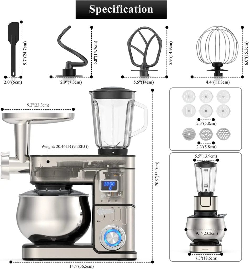 6-IN-1 Stand Mixer, 1200W LCD Display Kitchen Electric Mixer, 6.5QT Stainless Steel Bowl Mixer, Multi-Function Kitchen Mixer With Dough Hook, Whisk, Beater, Meat Grinder, Blender, Splash Guard