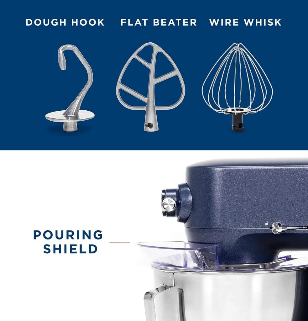 GE Tilt-Head Electric Stand Mixer | 7-Speed, 350-Watt Motor | Includes 5.3-Quart Bowl, Flat Beater, Dough Hook, Wire Whisk  Pouring Shield | Countertop Kitchen Essentials | Sapphire Blue