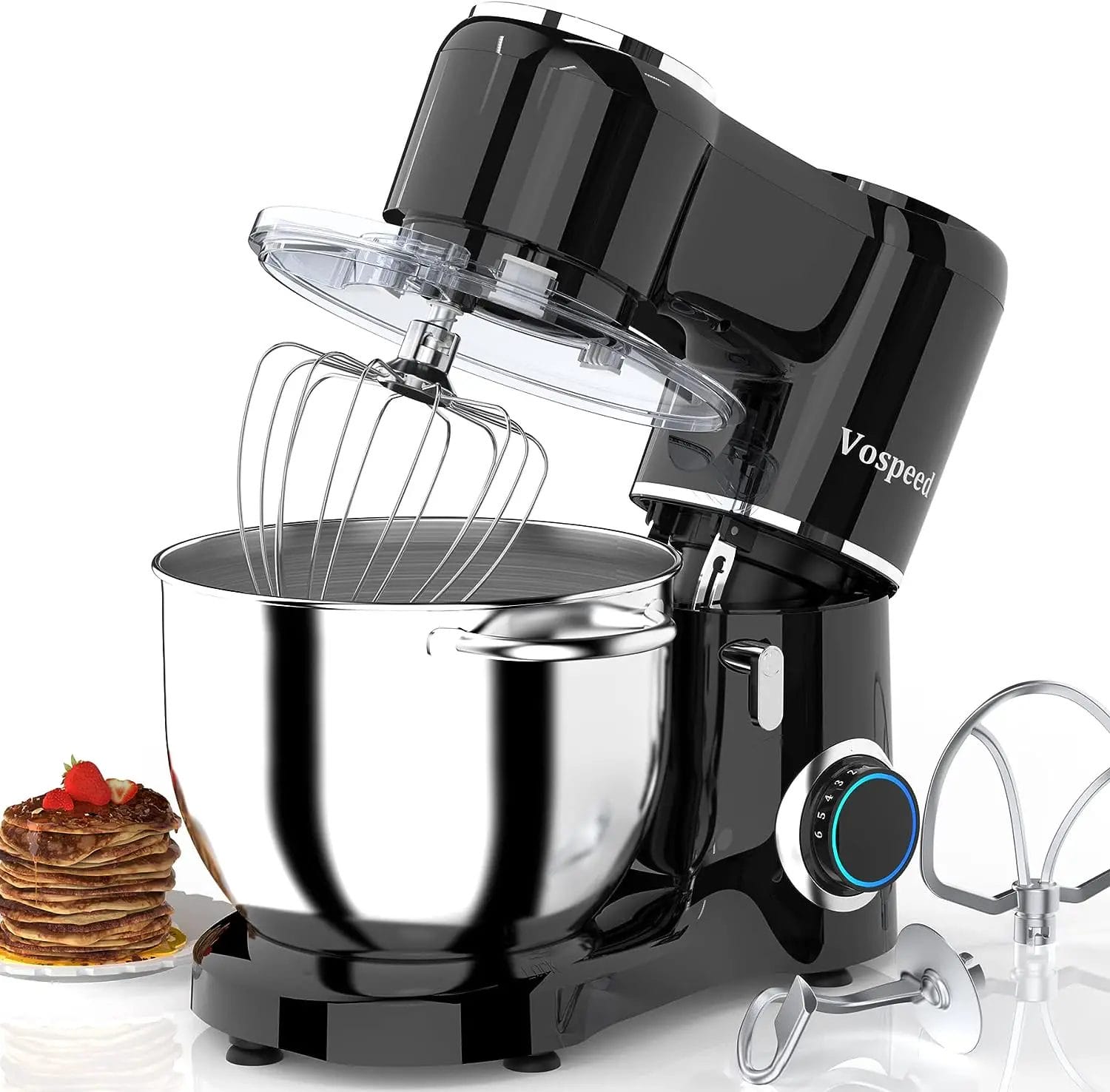 Vospeed Stand Mixer, 660W 6-Speed Tilt-Head Kitchen Mixer with 8.5QT Stainless Steel Mixing Bowl, Beater, Dough Hook, Whisk, Household Use - Black