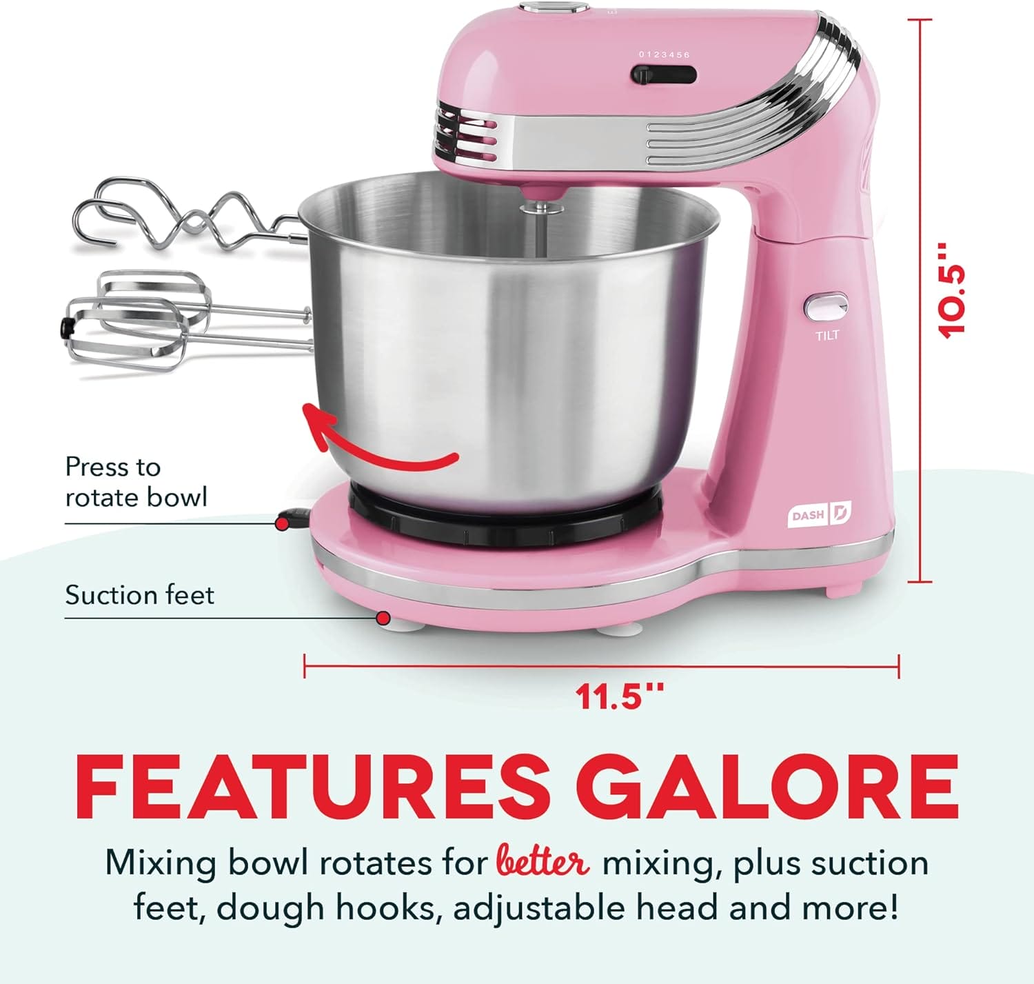 Dash Stand Mixer (Electric Mixer for Everyday Use): 6 Speed Stand Mixer with 3 Quart Stainless Steel Mixing Bowl, Dough Hooks  Mixer Beaters for Dressings, Frosting, Meringues  More - Pink
