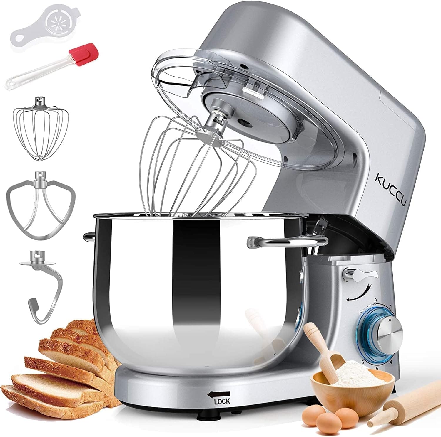 8.5 QT Double Handle KUCCU Stand Mixer, 6 Speed with Pulse Electric Kitchen Mixer, 660W Tilt-Head Food Mixer with Dishwasher-Safe Dough Hook, Flat Beater, Wire Whisk, Splash Guard for home baking (Silver)