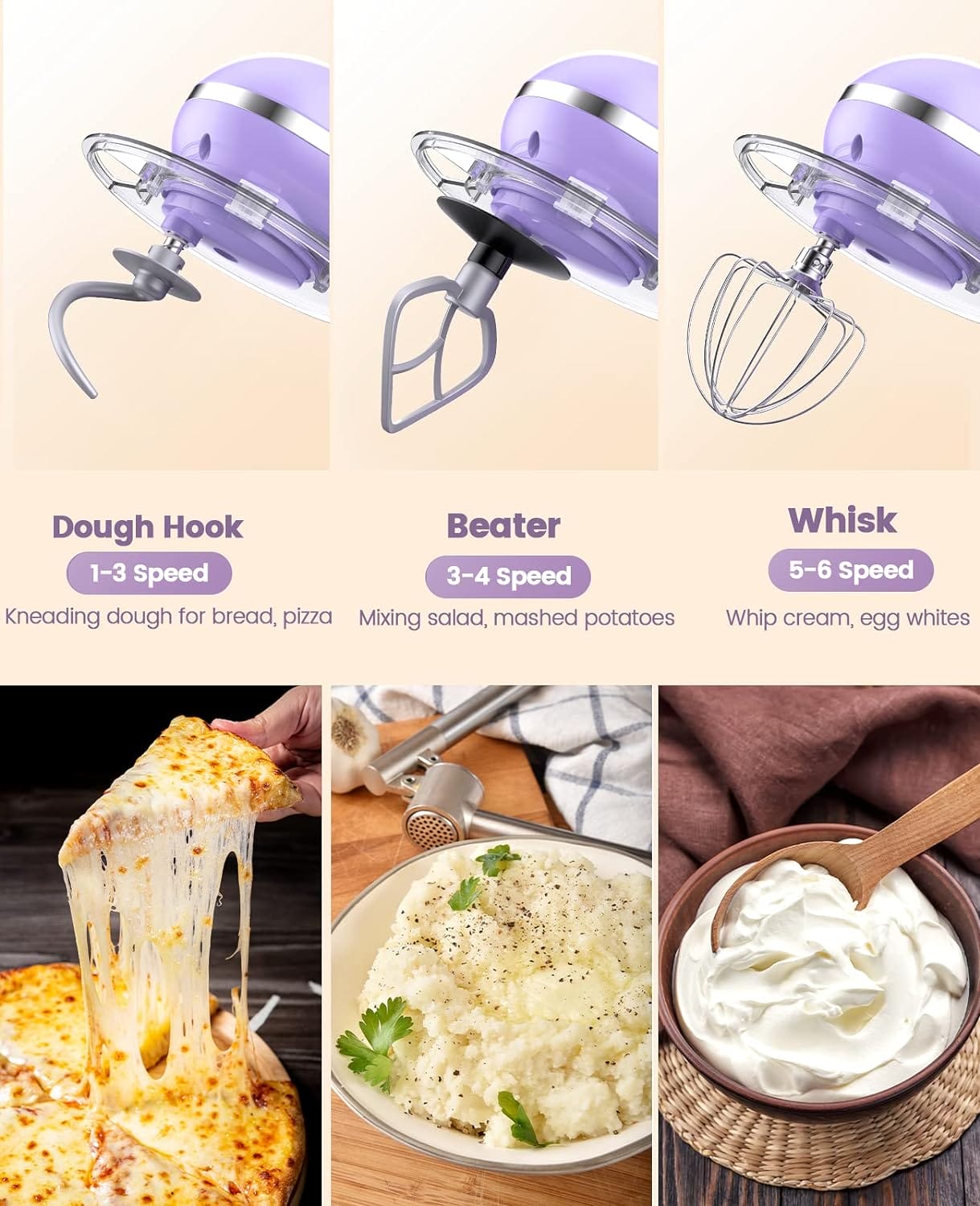 CHeflee Stand Mixer, 6 Quart, 600W 6+P Speed Household Electric Food Mixer with 6 Accessories for Dough, Cream, Cake, Kitchen Electric Mixer, Lavender