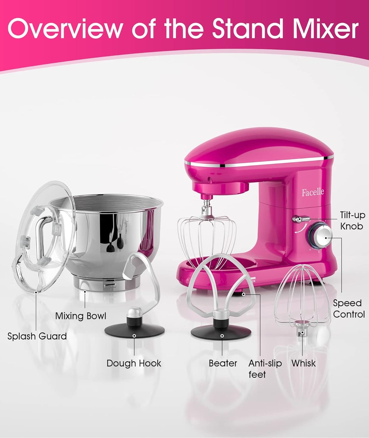 Facelle Stand Mixer, 660W 6 Speed Electric Kitchen Mixer with Pulse Button, Attachments include 6.5 Quart Bowl, Dishwasher Safe Flat Beater, Dough Hook, Wire Whisk  Splash Guard, for Dough, Baking,Cakes,Cookie, Purple