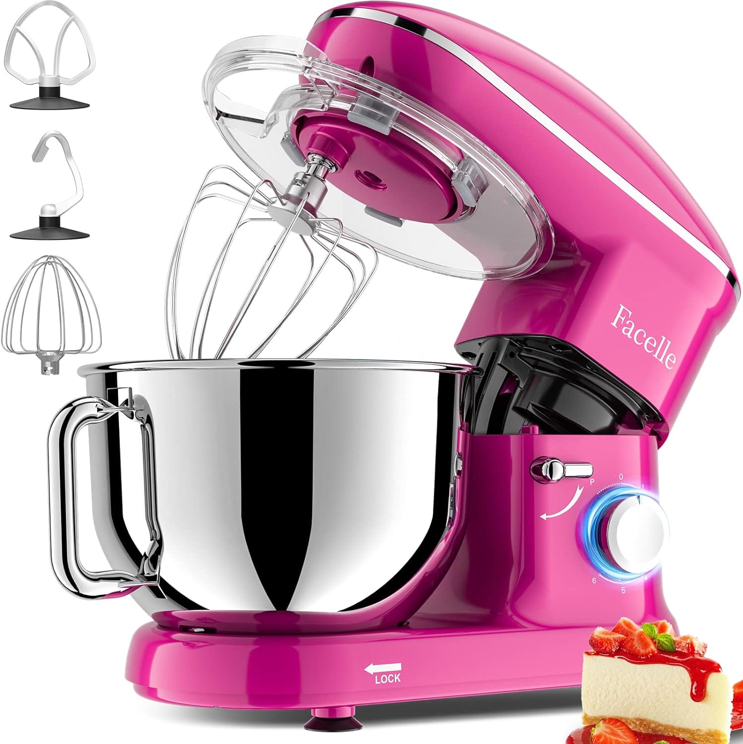 Facelle Stand Mixer, 660W 6 Speed Electric Kitchen Mixer with Pulse Button, Attachments include 6.5 Quart Bowl, Dishwasher Safe Flat Beater, Dough Hook, Wire Whisk  Splash Guard, for Dough, Baking,Cakes,Cookie, Purple