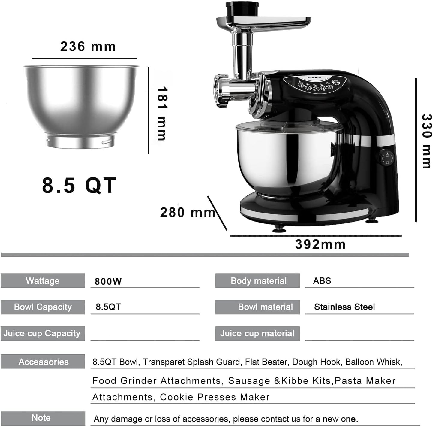 Aifeel Stand Mixer 800W, 8.5QT Bowl, 7 in 1 Multifunctional Kitchen Mixer with Dough Hook, Whisk, Beater, Meat Grinder,Pasta  Cookie Maker-Black