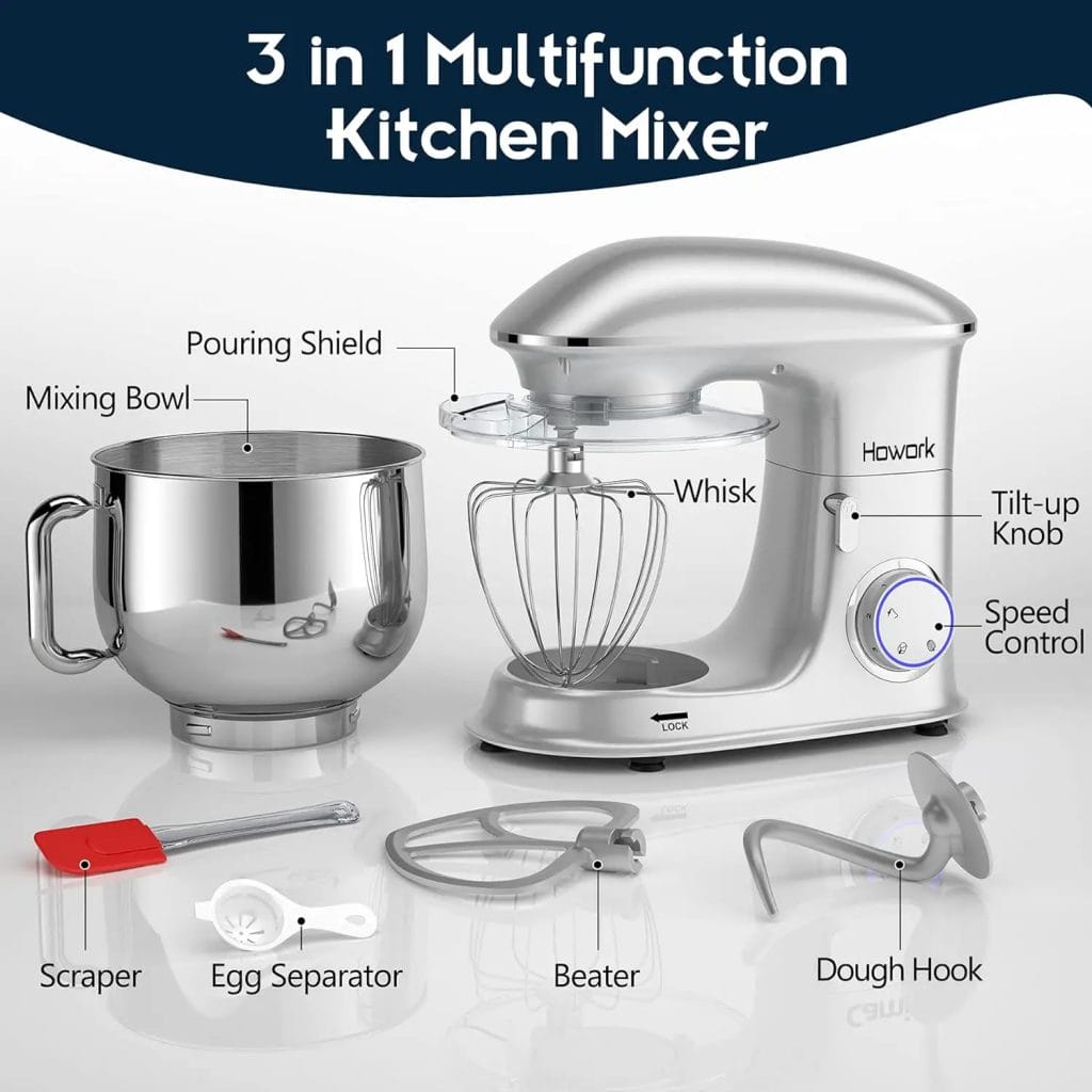 HOWORK 8.5QT Stand Mixer, 660W 6+P Speed Tilt-Head, Electric Kitchen Mixer With Dishwasher-Safe Dough Hook, Beater, Wire Whip  Pouring Shield(8.5 QT, Silver)