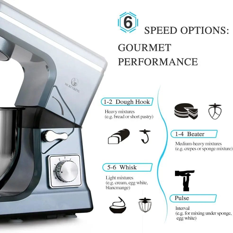 MURENKING Stand Mixer,5.3-Qt  500W  6+P Speed MK36 Tilt-Head Kitchen Electric Food Mixers Home Baking Dough Machine with Accessories (Gray Blue)