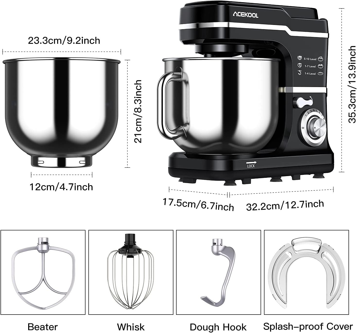 Stand Mixer, 7.5 Qt. 660W 10-Speed Electric Kitchen Mixer with Dishwasher-Safe Dough Hooks, Beaters, Wire Whip  S plash Guard for Most Home Cooks
