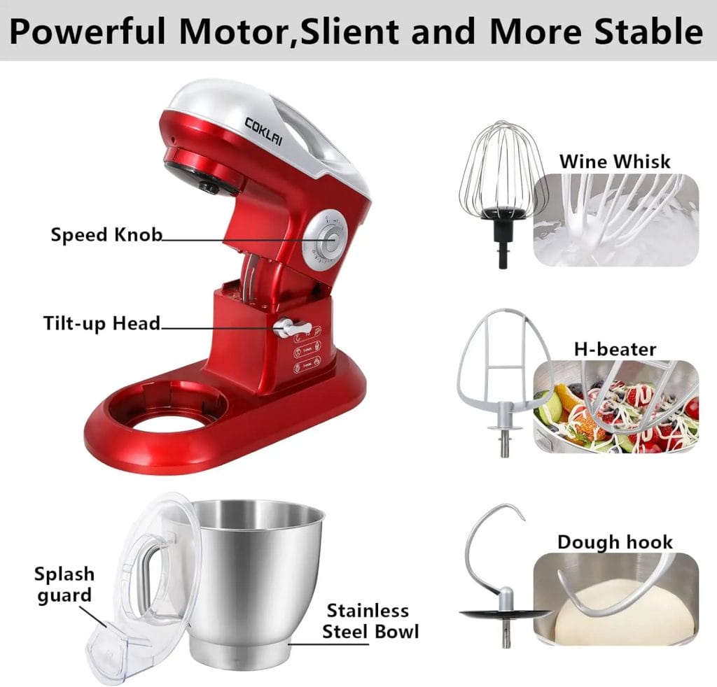 Stand Mixer, COKLAI 660w Electric Mixer Tilt-Head Dough Mixer, Kitchen Stand Mixer with 7.3-Quart Stainless Steel Bowl, Dough Hook, Flat Beater, Wire Whisk and Splash Guard