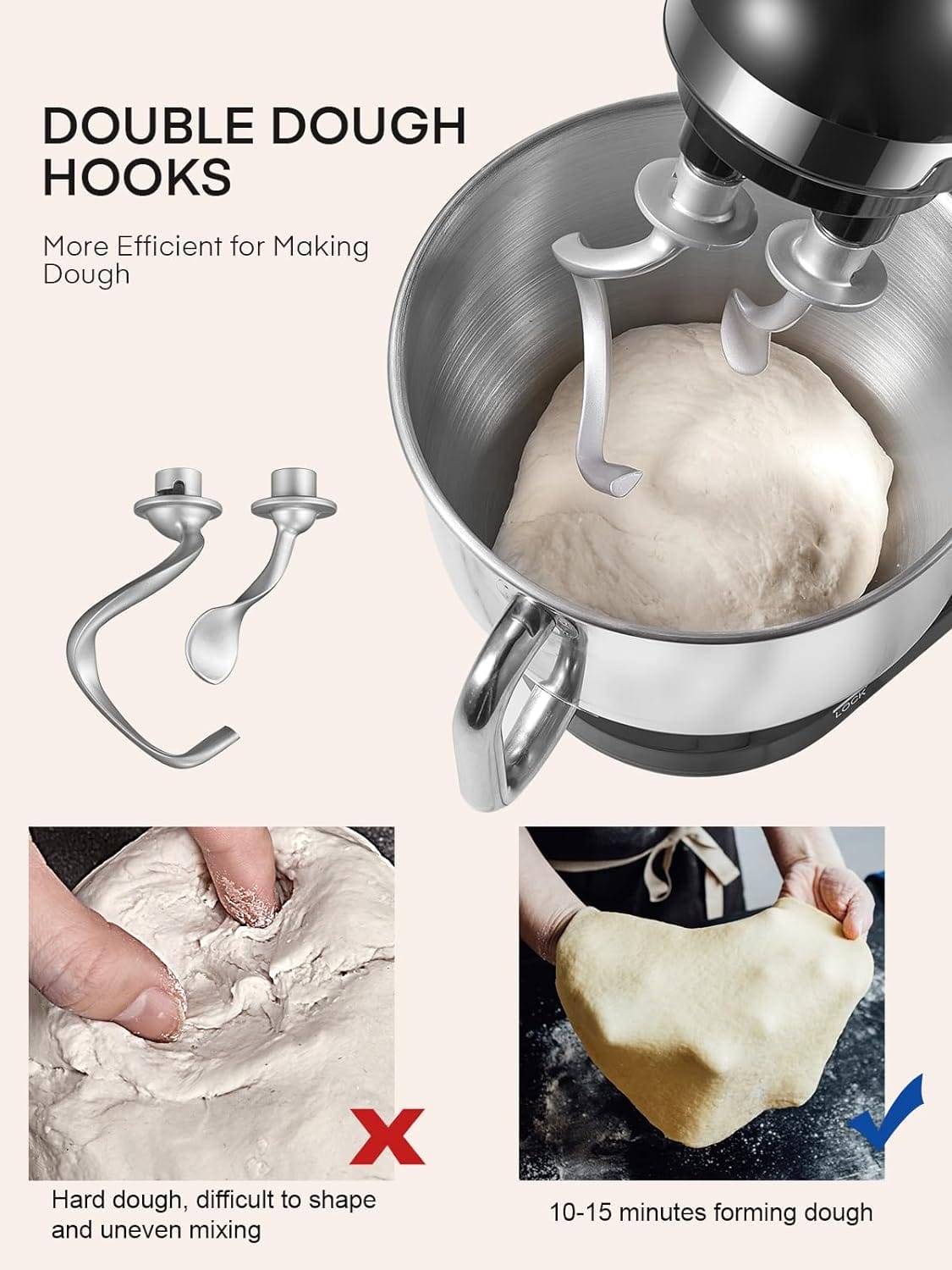 Stand Mixer Fohere, with Double Dough Hook, Wire Whip  Beater, 6+ P Speed Tilt-Head Food Mixer, Pouring Shield for Home Cooking, Dishwasher Safe Stainless Steel Bowl with Handle, Black: Home  Kitchen