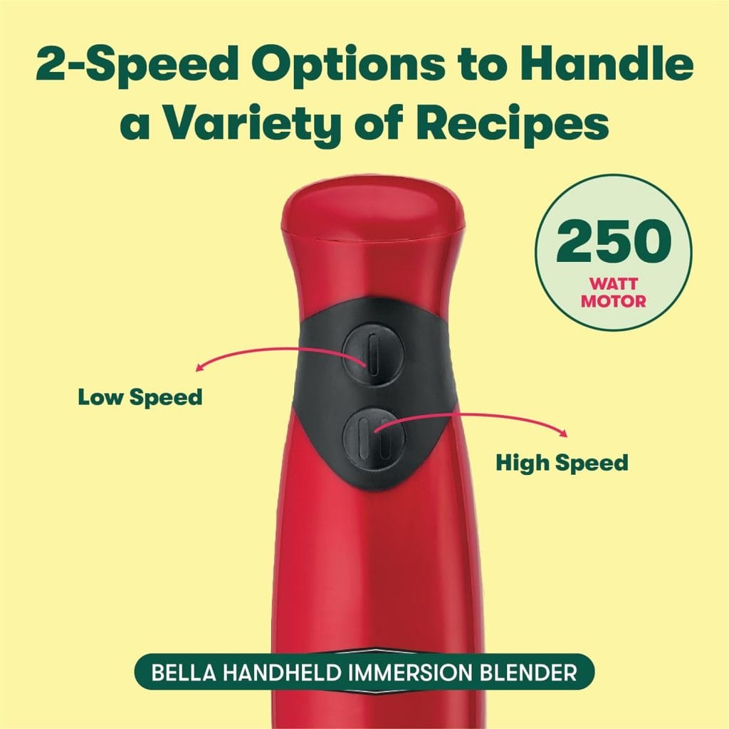 BELLA Immersion Hand Blender, Portable Mixer with Whisk Attachment - Electric Handheld Juicer, Shakes, Baby Food and Smoothie Maker, Stainless Steel, Red