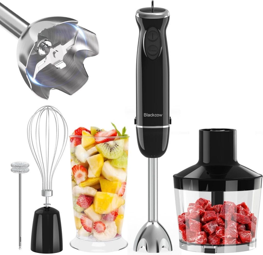 Blackcow Immersion Hand Blender,500W 5-in-1 Hand Blender Electric 12-Speed with Turbo Mode,Handheld Blender Stick with 304 Stainless Steel Blades for Soup, Smoothie, Puree, Baby Food