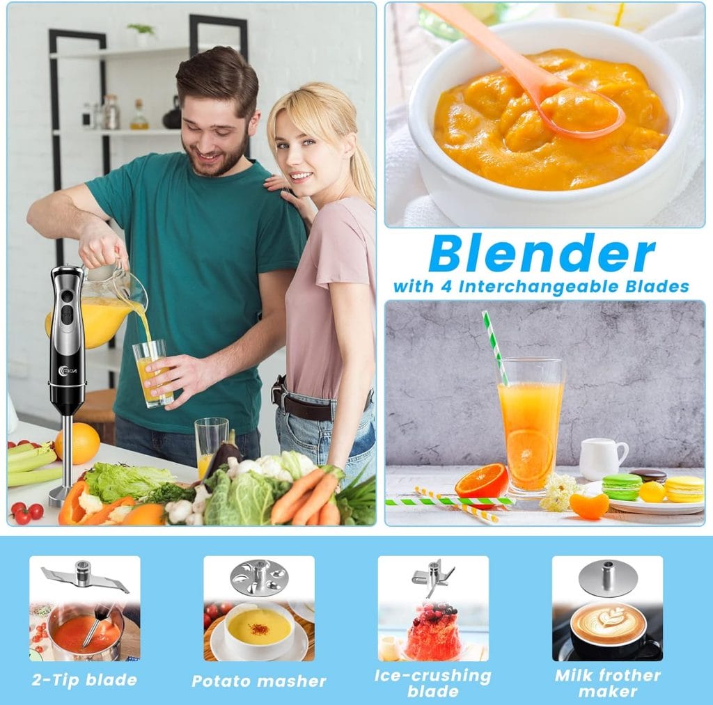FKN Immersion Blender Handheld with 4 Interchangeable Blades,8-in-1 Hand Blender Electric with 8 Speed and Turbo Mode,Handheld Blender Stick with 800W Motor, 500ml Chopper, Mixing Beaker, and Whisk