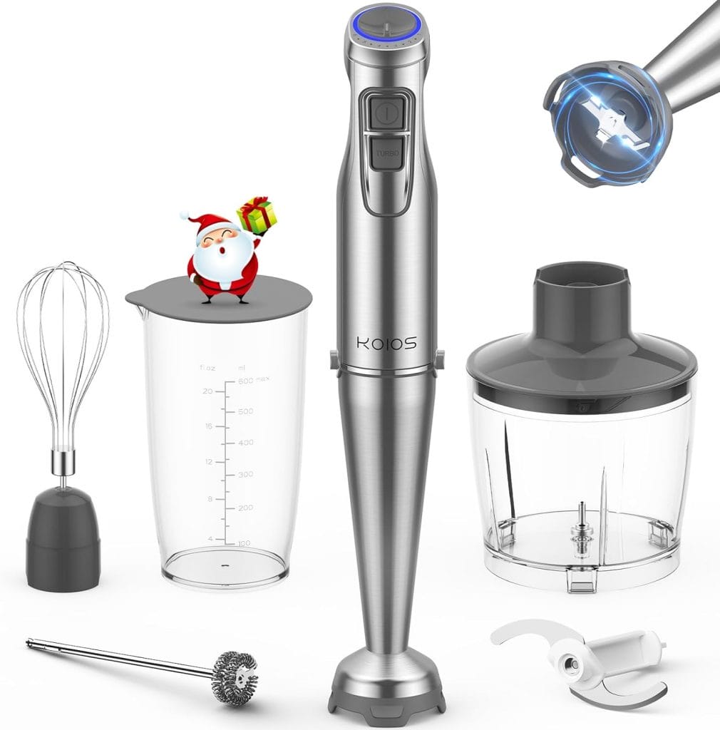 KOIOS 1100W Immersion Hand Blender, Stainless Steel Stick Blender with 12-Speed  Turbo Mode, 5-in-1 Handheld Blender with 600ml Mixing Beaker with Lid, 500ml Chopper, Whisk, Milk Frother, BPA-Free