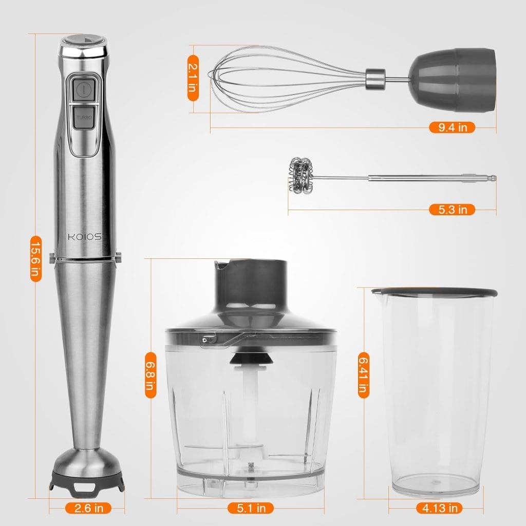 KOIOS 1100W Immersion Hand Blender, Stainless Steel Stick Blender with 12-Speed  Turbo Mode, 5-in-1 Handheld Blender with 600ml Mixing Beaker with Lid, 500ml Chopper, Whisk, Milk Frother, BPA-Free