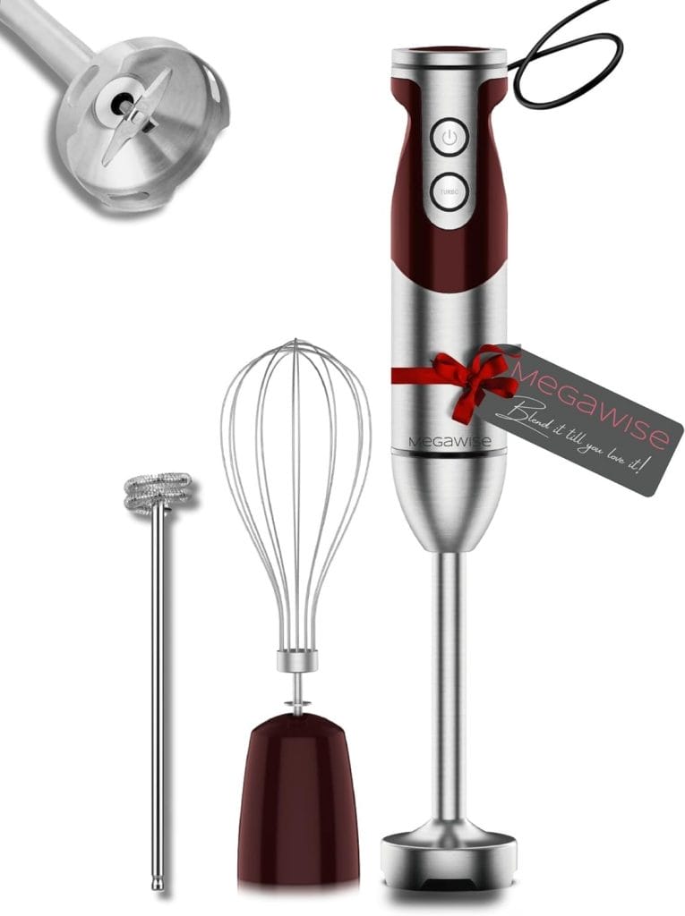 MegaWise Pro Titanium Reinforced 3-in-1 Immersion Corded Hand Blender, Powerful MOTOR with 80% Sharper Blades, 12-Speed Corded Blender, IncludingWhisk and Milk Frother (3-in 1 Red)