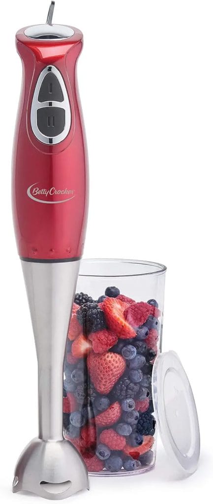 BETTY CROCKER Immersion Blender for Home  Kitchen, 2-Speed Hand Mixer Electric Handheld with Stainless Steel Blade, Beaker  Whisk, 250W Portable Blender with Ergonomic Handle, Silver
