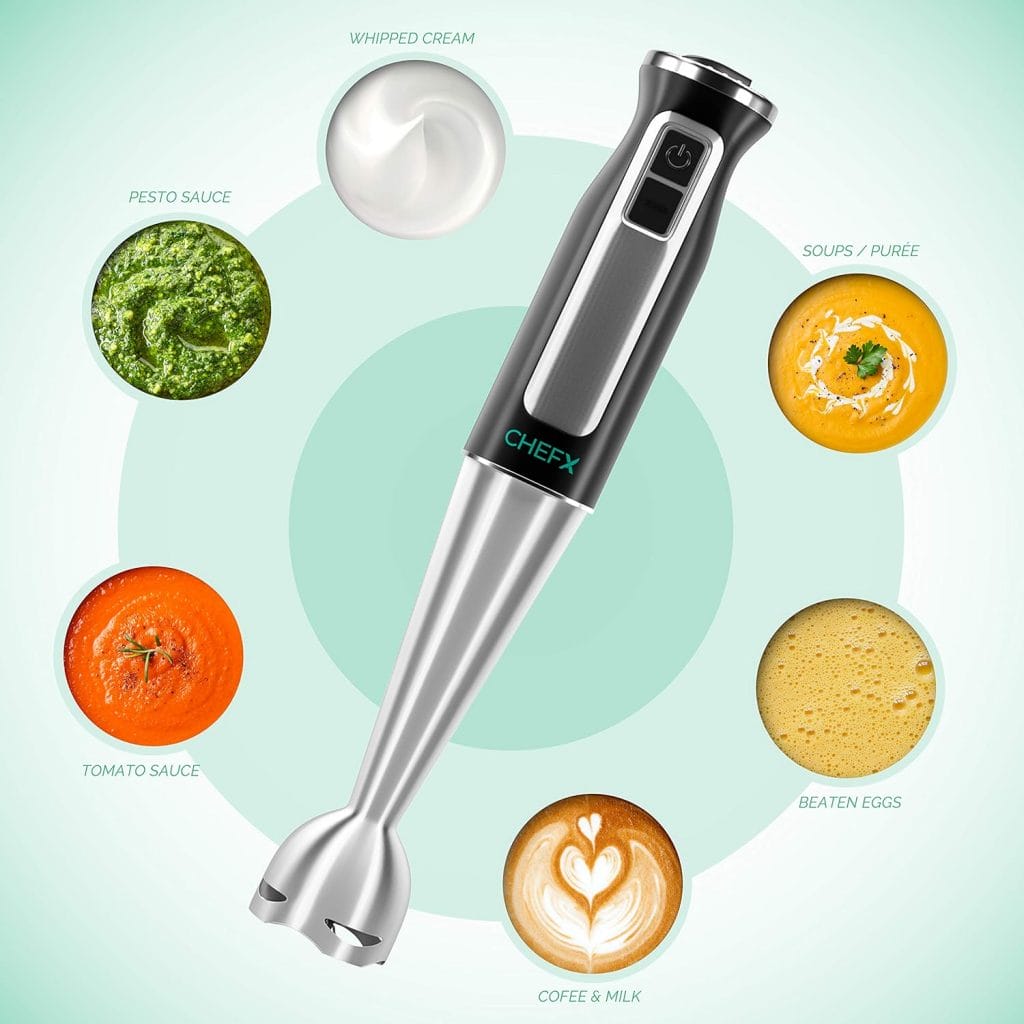 CHEFX 5-in-1 Immersion Blender - 9 Speed Ultra Powerful Stainless Steel Hand Mixer for Kitchen - Electric Handheld Stick Frother - Chop/Grind/Whisk/Froth/Blend - Turbo Mode - Food Grinder + Container