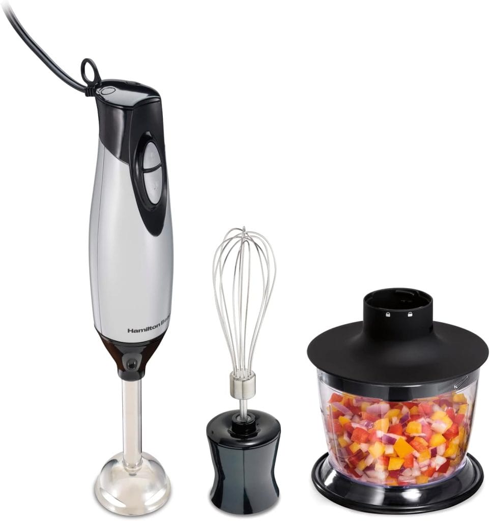 Hamilton Beach 4-in-1 Electric Immersion Hand Blender with Handheld Blending Stick, Whisk + 3-Cup Food  Vegetable Chopper Bowl, 2-Speeds, 225 Watts, Silver and Stainless Steel (59765)