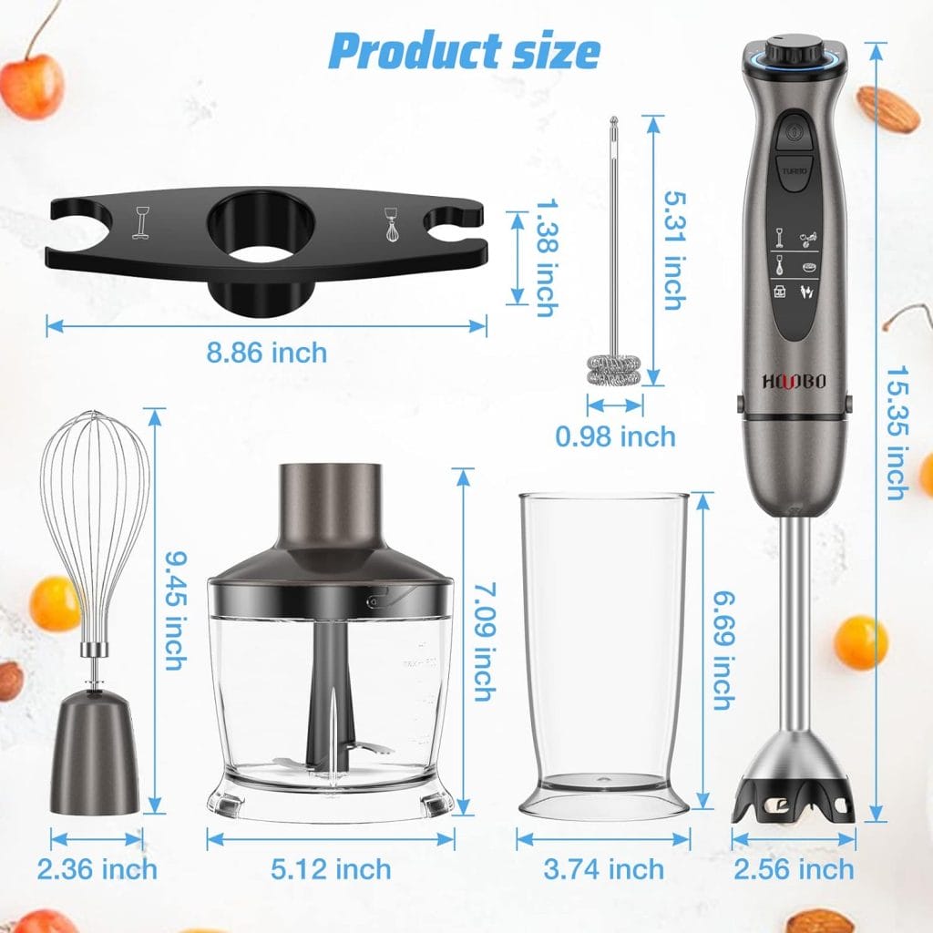 HOVOBO Immersion Blender Handheld 7-in-1 1000W Powerful Scratch Resistant Hand Blenders for Kitchen, Stick Blender Immersion 12 Speed and Turbo Mode, Low-Noise, Beaker Chopper Whisk Milk Frother