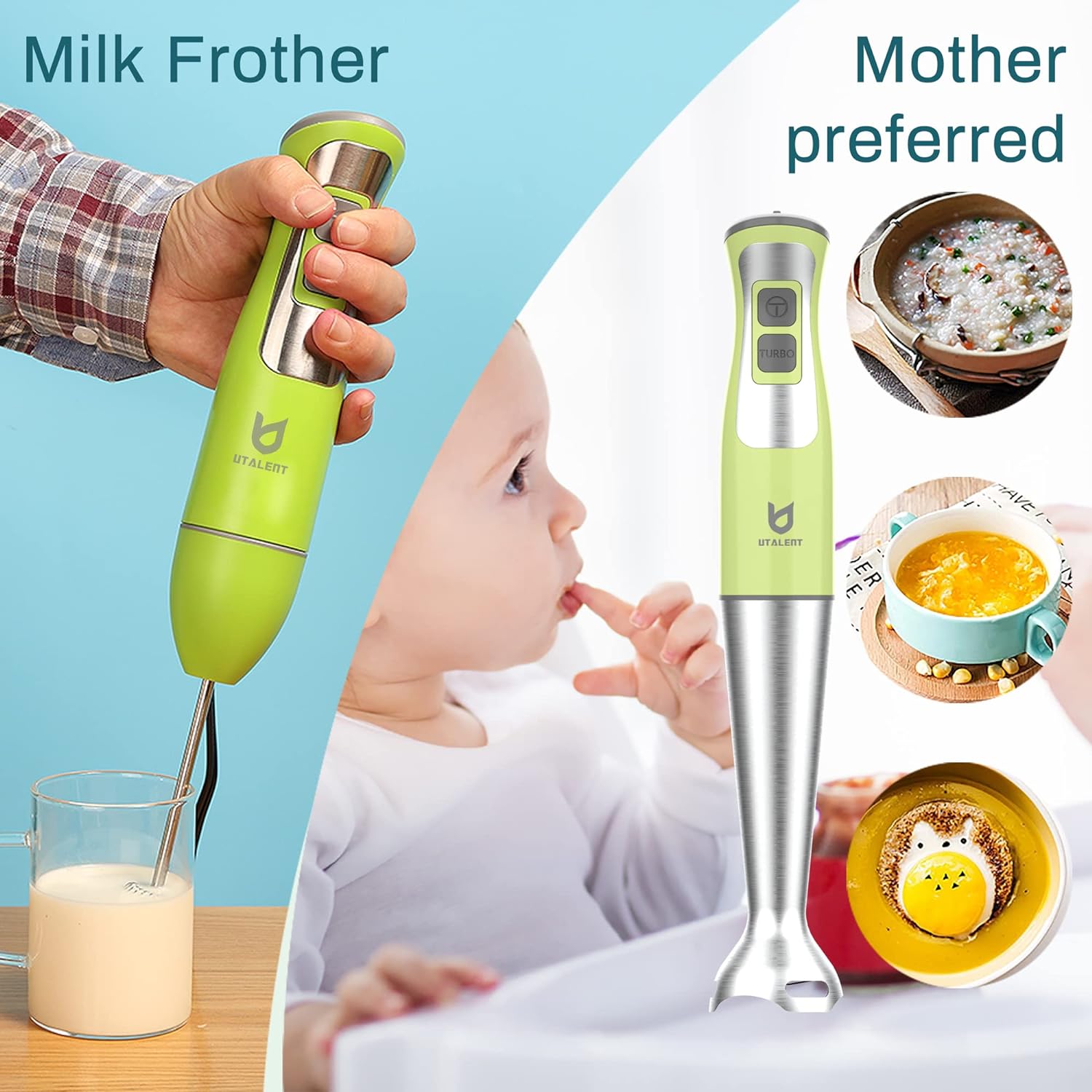 Immersion Hand Blender, UTALENT 5-in-1 8-Speed Stick Blender with 500ml Food Grinder, BPA-Free, 600ml Container,Milk Frother,Egg Whisk,Puree Infant Food, Smoothies, Sauces and Soups - Green