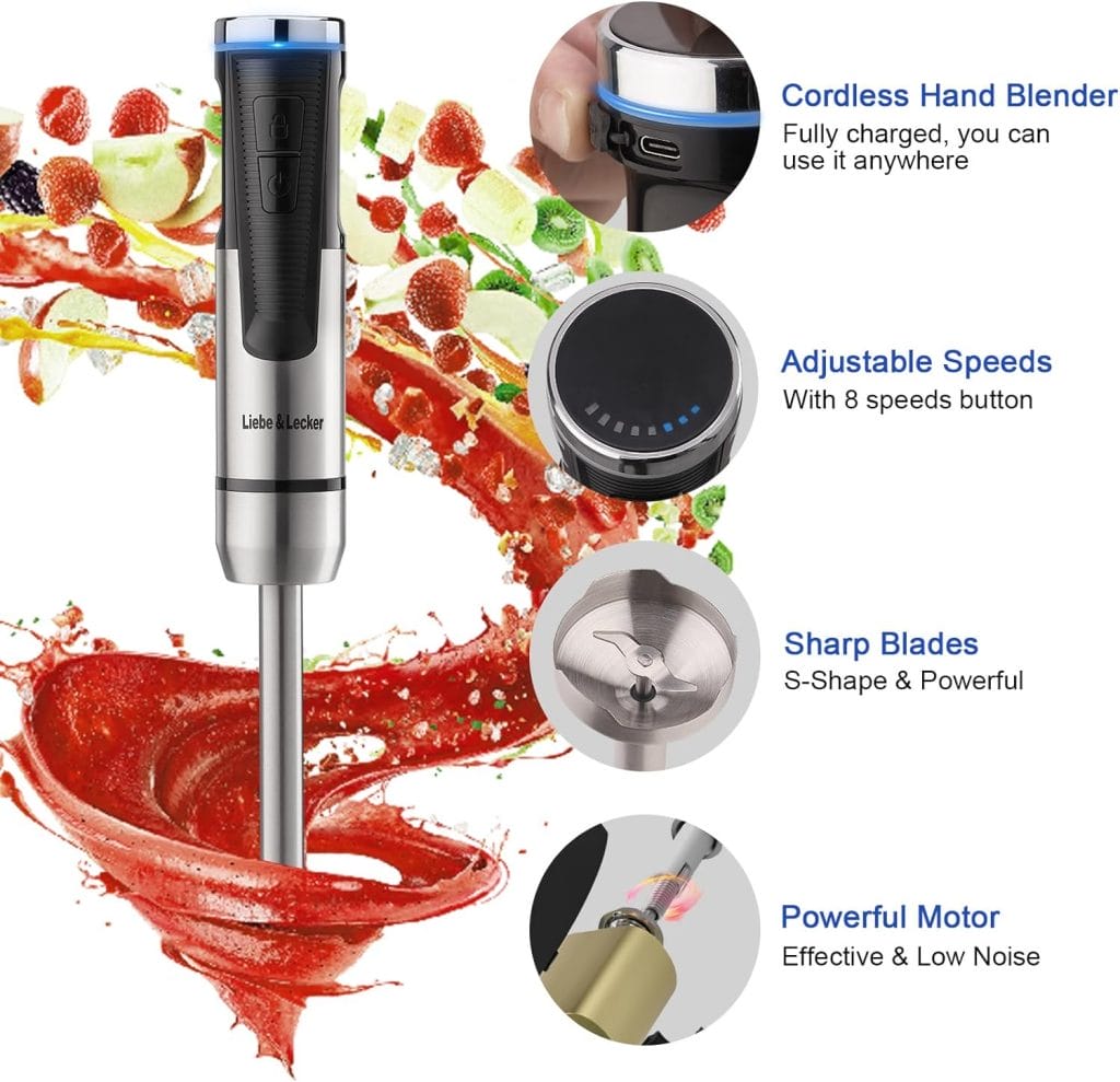 LiebeLecker Cordless Hand Blender, USB Rechargeable Immersion Blender 8 Variable Speeds with Whisk, Milk Frother Attachments, Portable Stick Mixer for Milkshakes, Smoothies  Soups.