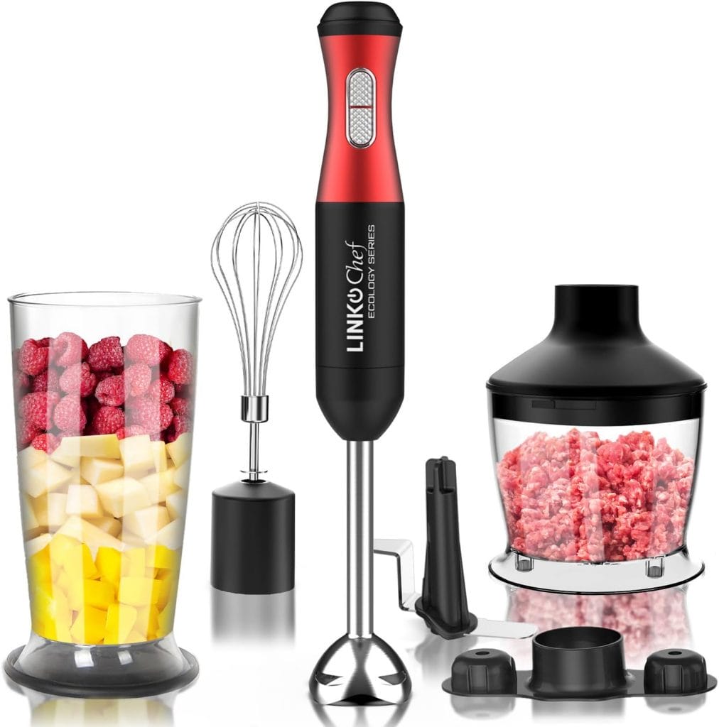 LINKChef 800W Max Hand Blender, 5 in 1 Immersion Blender with Turbo Mode, Hand Blenders for Kitchen with Whisk, 800ML Beaker and 500ML Chopper, Storage Bracket, BPA Free