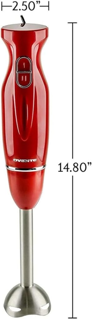 OVENTE Electric Immersion Hand Blender 300 Watt 2 Mixing Speed with Stainless Steel Blades, Powerful Portable Easy Control Grip Stick Mixer Perfect for Smoothies, Puree Baby Food  Soup, Red HS560R