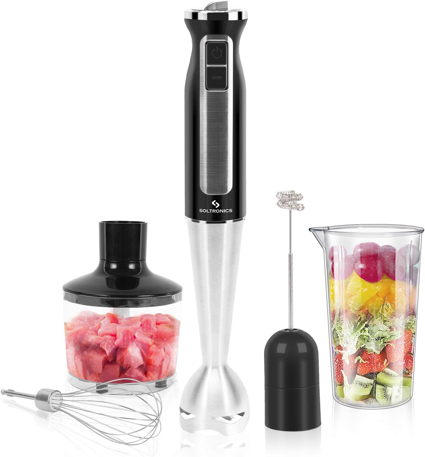 SOLTRONICS 5-in-1 Hand Blender, 5-in-1, 8-Speed 500 Watts Stick Blender with 860ml Food Grinder, 600ml Container, Milk Frother, Egg Whisk for Puree Infant Food, Smoothies, Sauces and Soups, Black