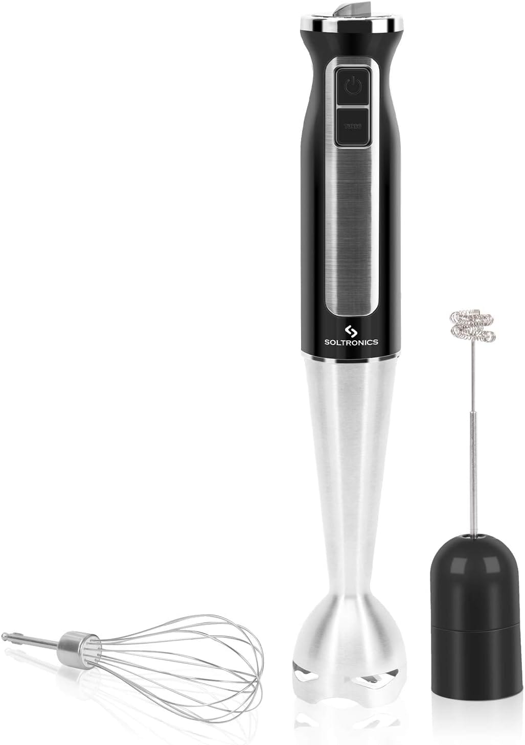 SOLTRONICS 5-in-1 Hand Blender, 5-in-1, 8-Speed 500 Watts Stick Blender with 860ml Food Grinder, 600ml Container, Milk Frother, Egg Whisk for Puree Infant Food, Smoothies, Sauces and Soups, Black