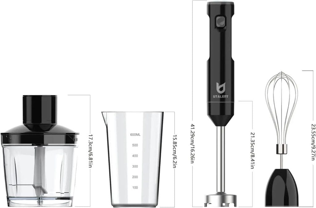 Cordless Hand Blender, UTALENT Variable Speed Immersion Blender Rechargeable, with Fast Charger, 500ml Chopper, 600ml container, Egg Whisk, for Smoothies, Baby Food and Soups – Black