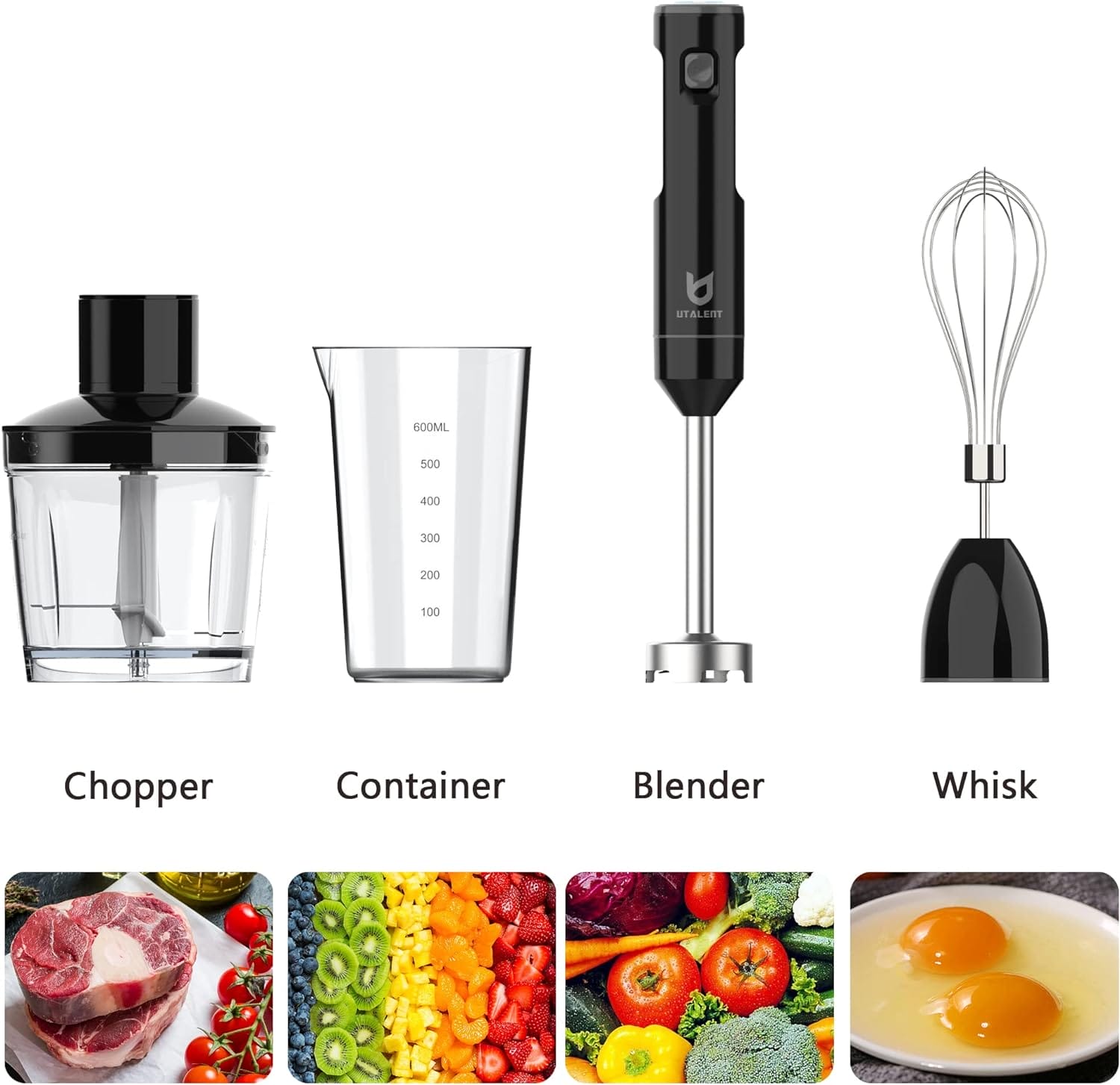 Cordless Hand Blender, UTALENT Variable Speed Immersion Blender Rechargeable, with Fast Charger, 500ml Chopper, 600ml container, Egg Whisk, for Smoothies, Baby Food and Soups – Black Cordless Hand Blender, UTALENT Variable Speed Immersion Blender Rechargeable, with Fast Charger, 500ml Chopper, 600ml container, Egg Whisk, for Smoothies, Baby Food and Soups – Black