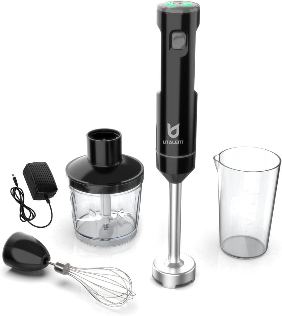 Cordless Hand Blender, UTALENT Variable Speed Immersion Blender Rechargeable, with Fast Charger, 500ml Chopper, 600ml container, Egg Whisk, for Smoothies, Baby Food and Soups – Black
