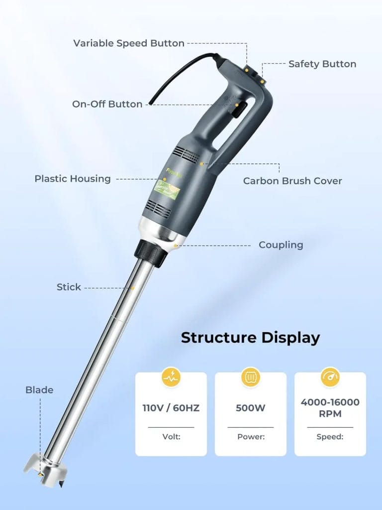 Flyseago Commercial Immersion Blender Hand held Blenders Heavy Duty Variable Speed Mixer 4000-16000RPM with 20-Inch Removable Shaft 50-Gallon Capacity 500W Multifunction Pro Electric Stick Emulsifier Blender for Restaurant UseSoap Making