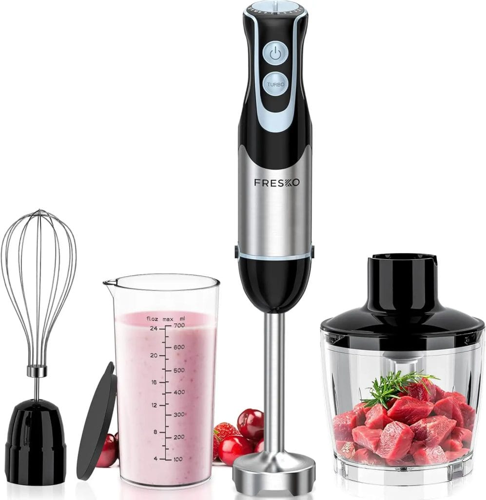 FRESKO Immersion Hand Blender 4-in-1, 500W Powerful Stainless Steel Emulsion Blender Handheld with 12-Speeds  Turbo Mode, Includes Measuring Cup, Chopper  Whisk, Ideal for Blending Soups  Smoothies
