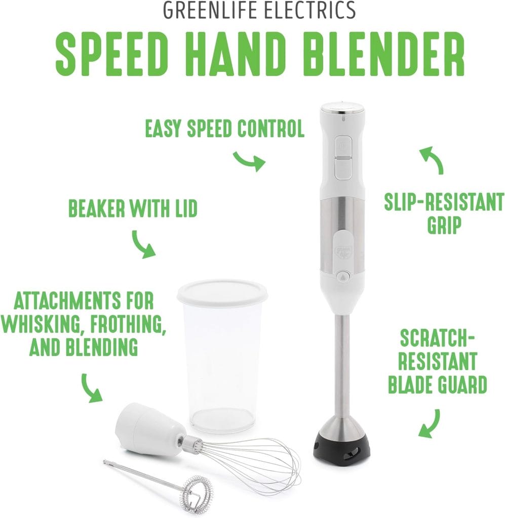 GreenLife 500-Watt Immersion Electric Handheld Stick Blender with Stainless Steel Blades, Whisk, Frother, Measuring Cup and Lid, Soups, Puree, Cake, Multi-Speed Control, Portable, Turquoise