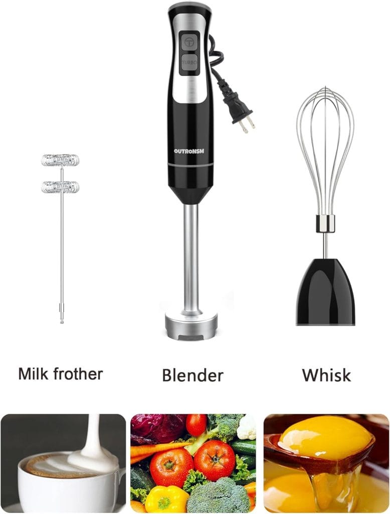 Immersion Blender Handheld, OUTRONSM Hand Blender with 4-point thickened SS blades, Milk Frother, Egg Whisk for Coffee Milk Foam, Puree Baby Food, Smoothies, Sauces and Soups – Black