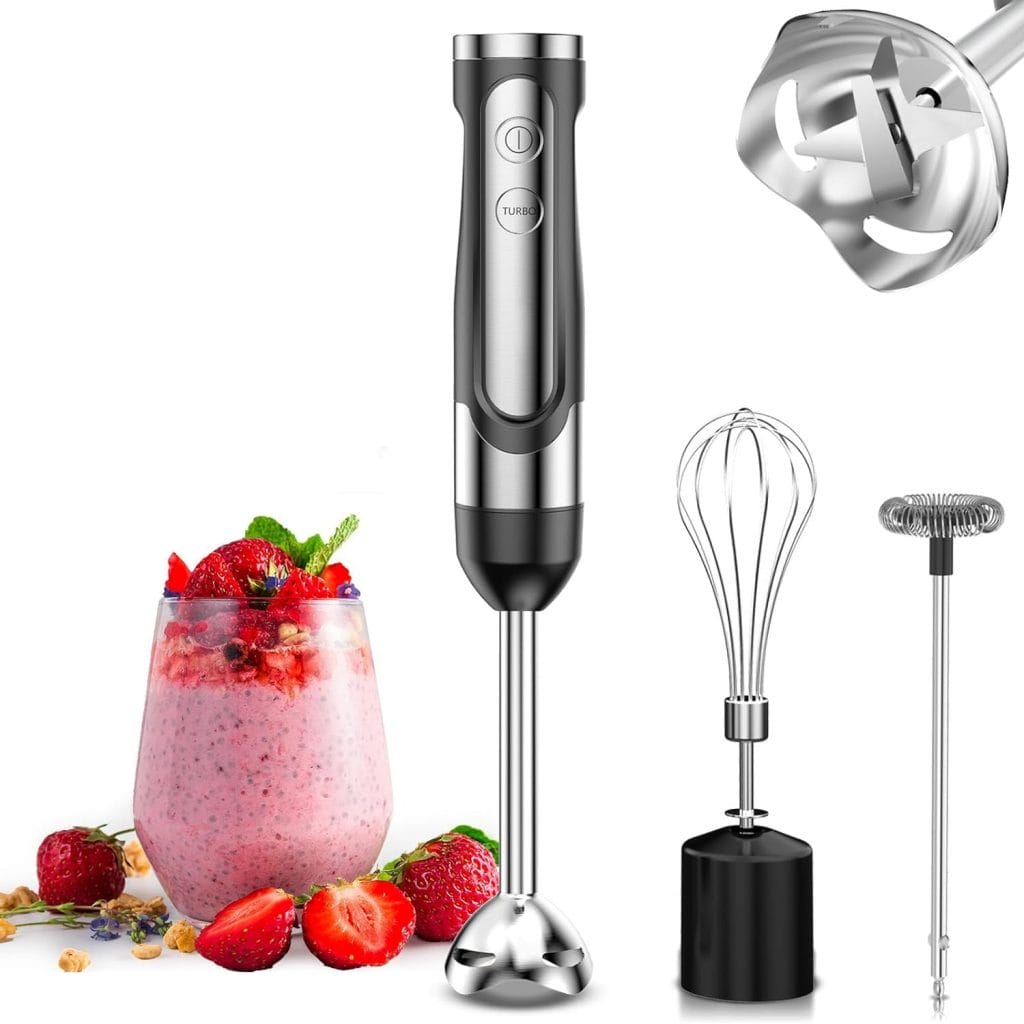 LINKChef Immersion Blender Handheld, Reinforced 800 Watt 5 Speed Turbo Immersion Blender, Hand Blender for Shakes and Smoothies, 304 Stainless Steel with Whisk  Milk Frother Attachments (3-in-1)