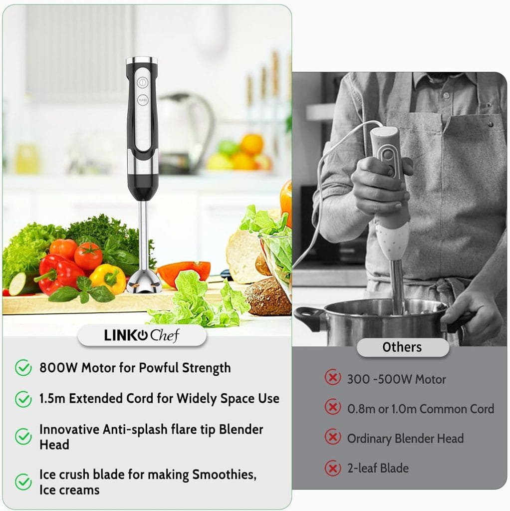 LINKChef Immersion Blender Handheld, Reinforced 800 Watt 5 Speed Turbo Immersion Blender, Hand Blender for Shakes and Smoothies, 304 Stainless Steel with Whisk  Milk Frother Attachments (3-in-1)