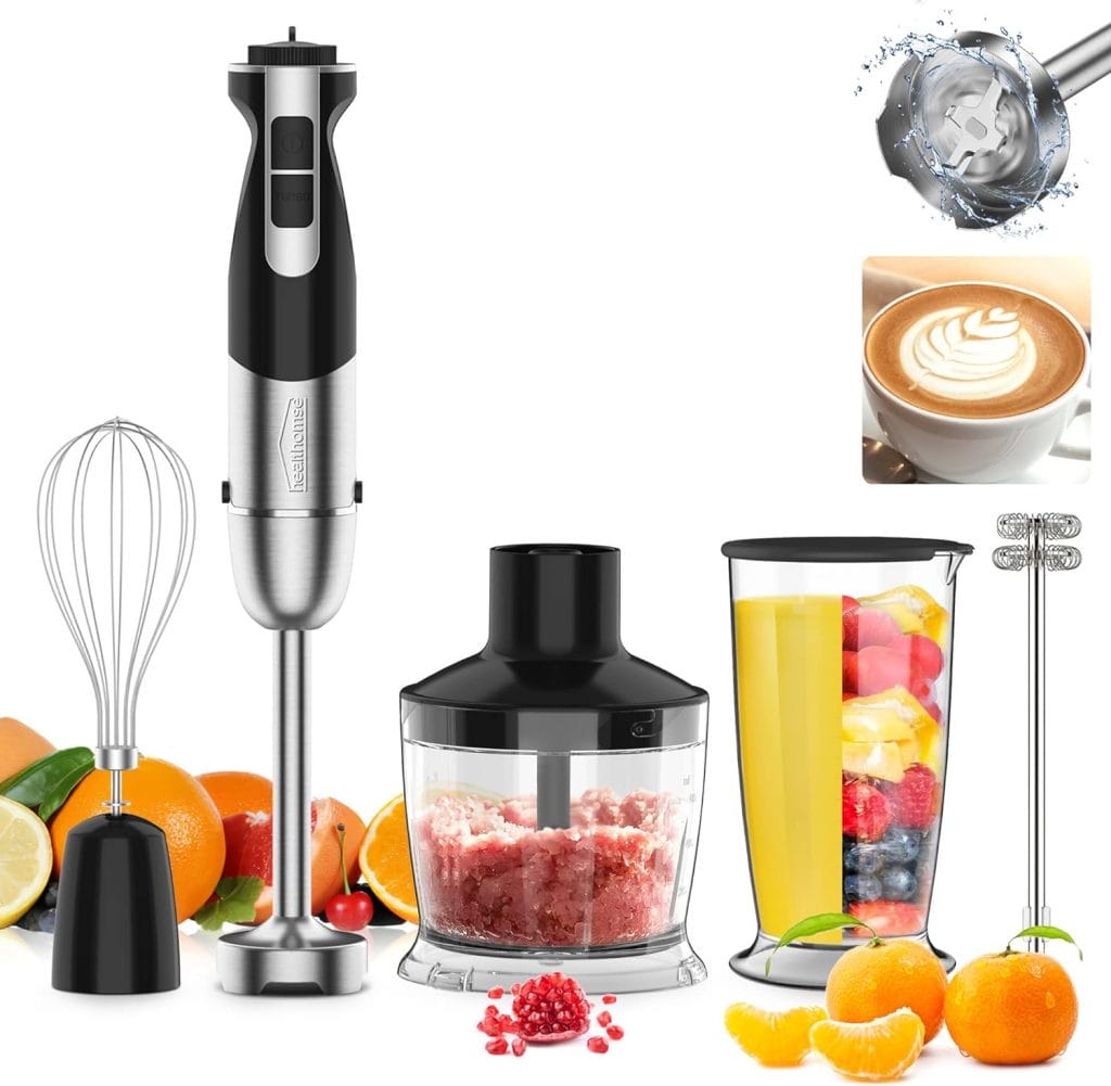 healthomse 5-In-1 Immersion Blender 800W 12-Speed Stainless Steel Hand Blender with Milk Frother, Egg Whisk, BPA-Free 500ml Chopper and 700ml Beaker with Lid for Soup, Smoothie, Baby Food