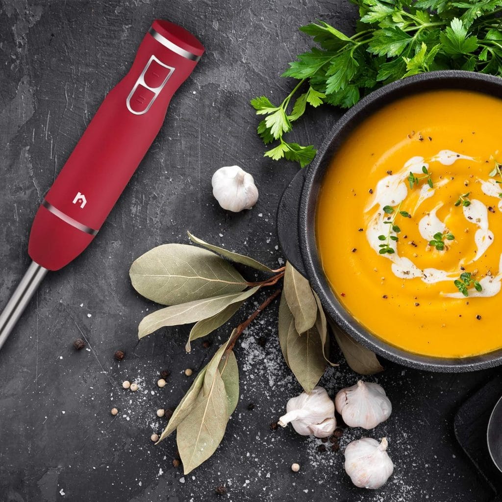 New House Kitchen Immersion Hand Blender 2 Speed Stick Mixer with Stainless Steel Shaft Blade 300 Watts Easily Food, Mixes Sauces, Purees Soups, Smoothies, and Dips, Red New House Kitchen Immersion Hand Blender 2 Speed Stick Mixer with Stainless Steel Shaft Blade 300 Watts Easily Food, Mixes Sauces, Purees Soups, Smoothies, and Dips, Red