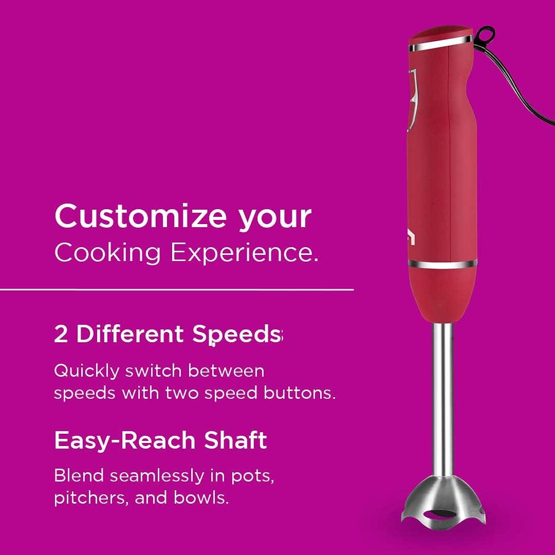 New House Kitchen Immersion Hand Blender 2 Speed Stick Mixer with Stainless Steel Shaft  Blade 300 Watts Easily Food, Mixes Sauces, Purees Soups, Smoothies, and Dips, Red